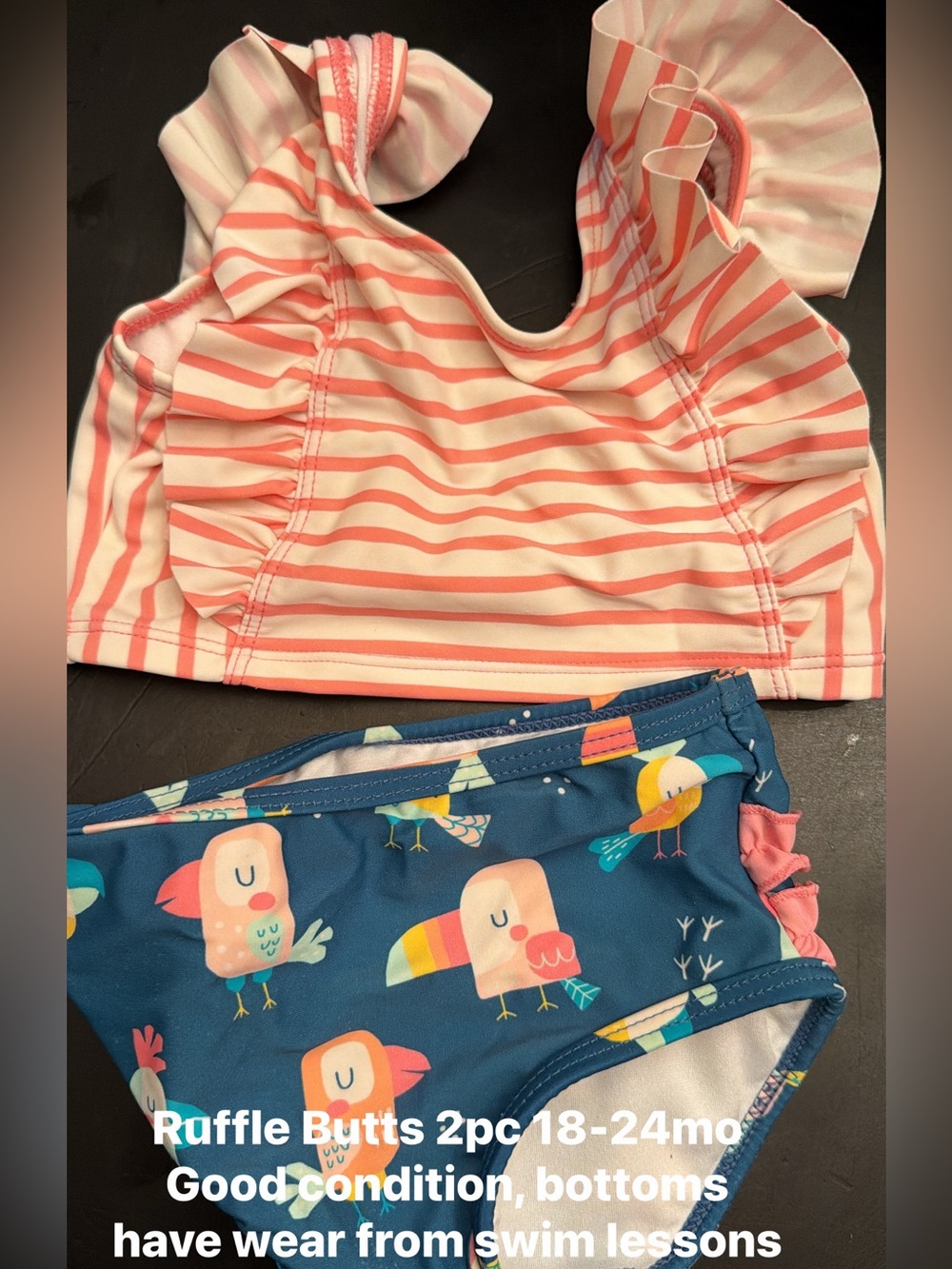 Ruffle Butts Pink Stripe Ruffle Bikini Top & Blue Toucan Bottoms